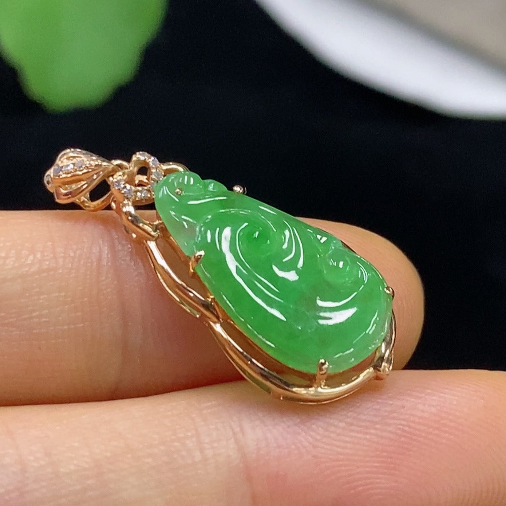 Huiliu Jadeite Ruyi pendant with diamond accents, intricately inlaid, showcasing smooth jade and sparkling diamond details.
