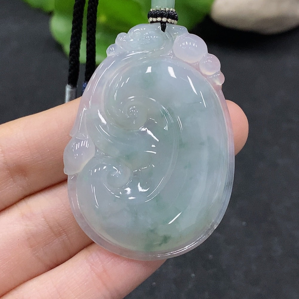 HUILIU HQ jadeite Ruyi pendant with cord, approximately 16.7g, featuring smooth, polished jade surface and intricate Ruyi design.