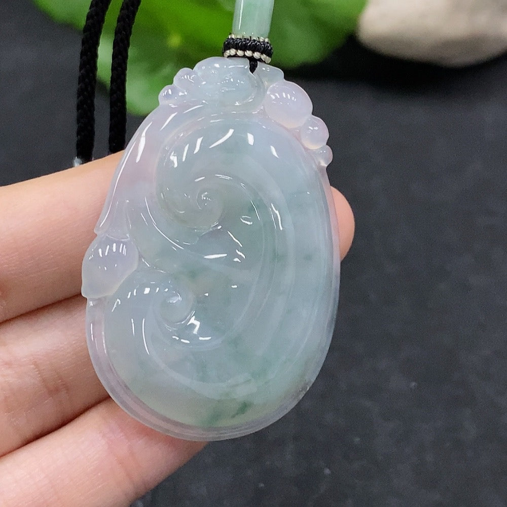 HUILIU HQ jadeite Ruyi pendant with cord, weighing approximately 16.7g, featuring smooth, polished jade with intricate carvings.