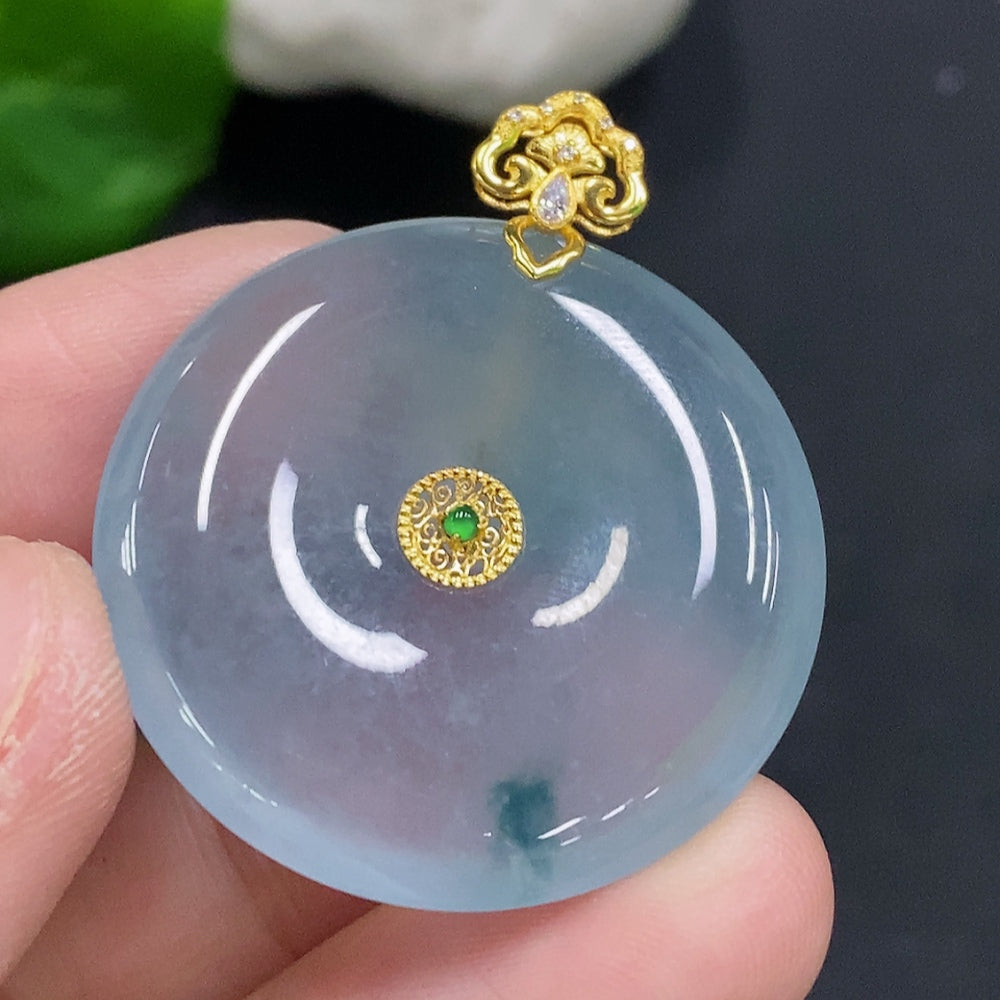 HUILIU HQ Jadeite safety buckle with 18K gold setting, approximately 10.9g, featuring small diamond accents on a smooth jade surface.