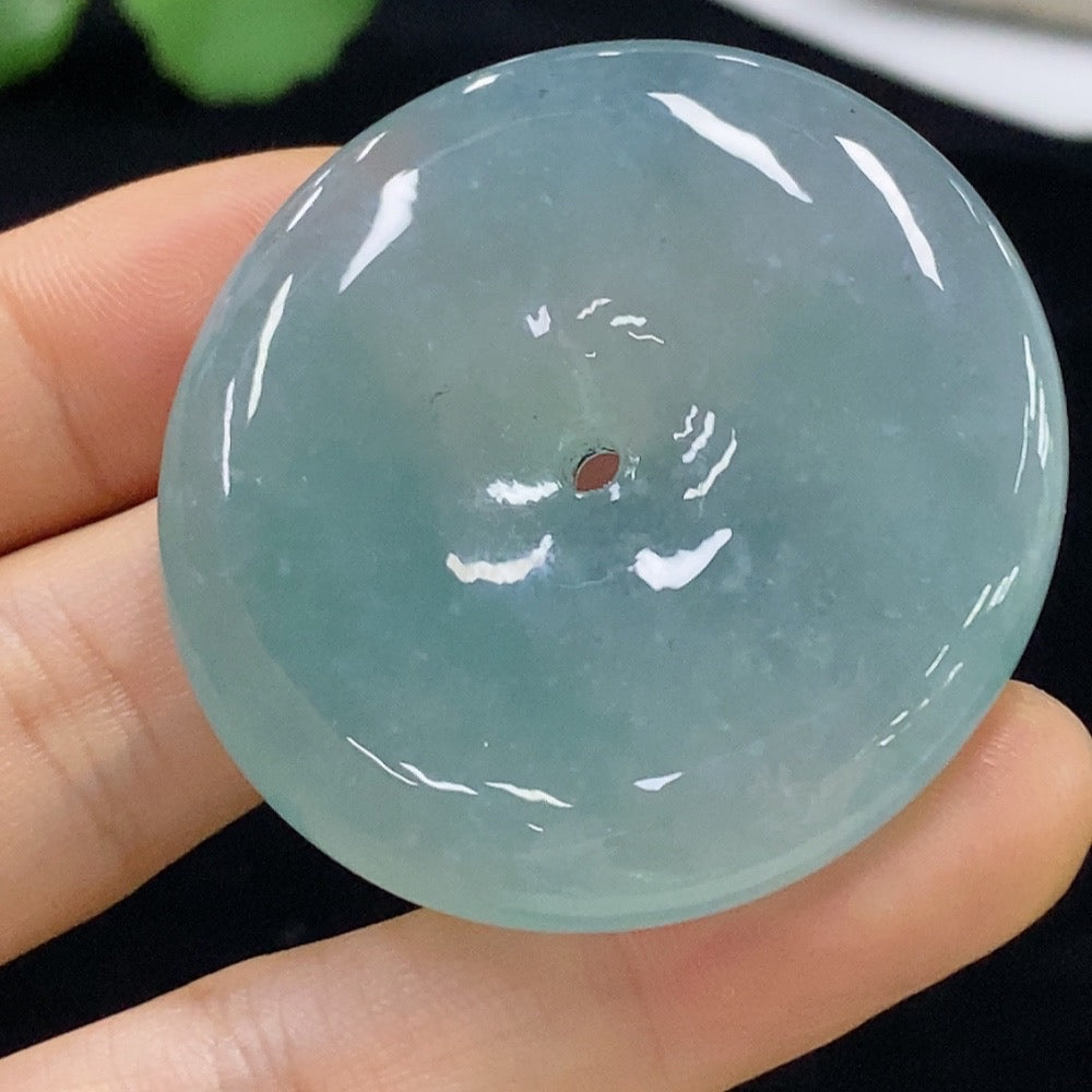 HUILIU HQ Jadeite Safety Buckle Pendant, carved jade jewelry with a total weight of 39.8g, showcasing intricate craftsmanship and vibrant green jade.
