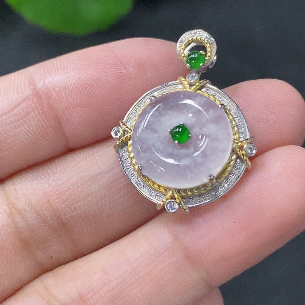 Huiliu Jadeite Safety Buckle Pendant with diamond accents, mounted on a secure clasp, showcasing vibrant green jade and elegant design.
