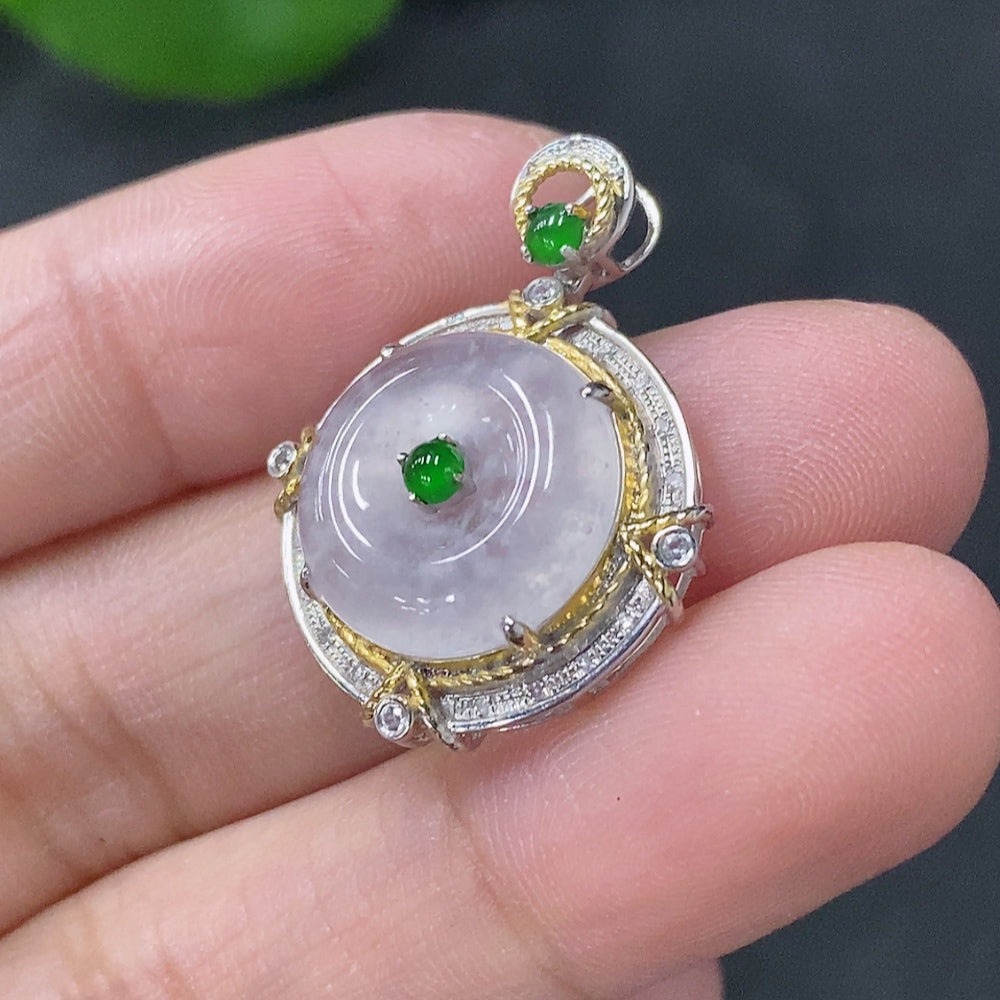 Huiliu HQ jadeite safety buckle pendant with diamond accents, mounted and certified, showcasing a polished jade design.