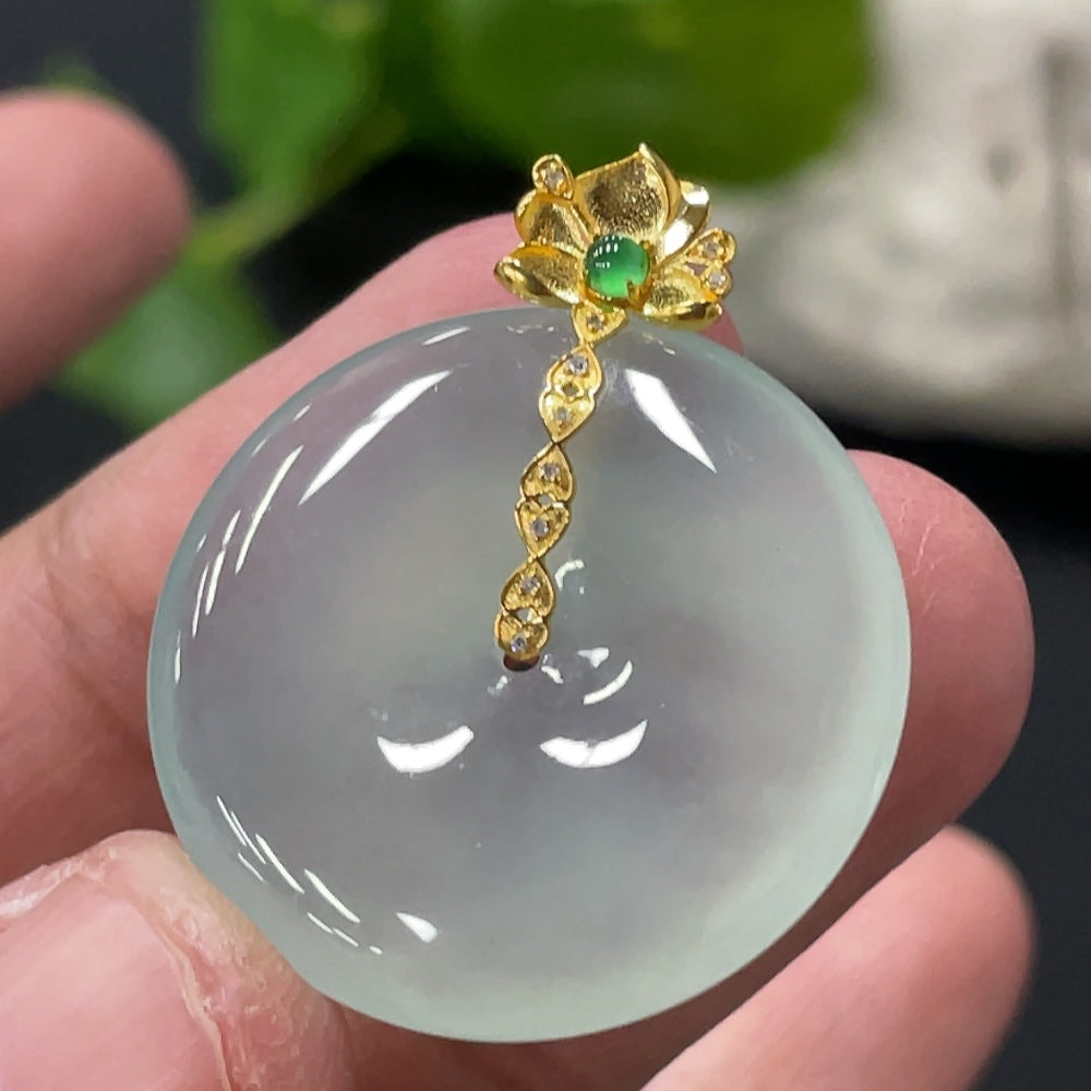 HUILIU HQ jadeite safety pendant with 18K gold bail and diamond accents, weighing approximately 6.87g, elegant jewelry piece