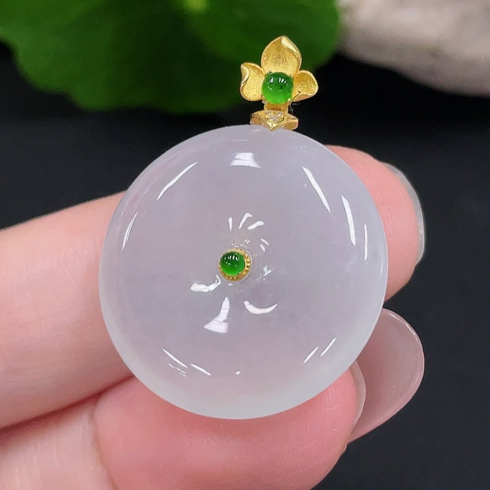 Huiliu HQ jadeite safety pendant with diamond accents, featuring a smooth green jade stone and elegant design.