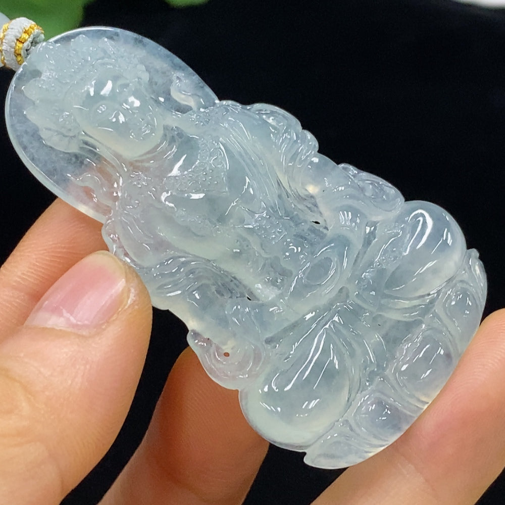 HUILIU HQ jadeite Tara pendant weighing 30.85g with rope and collectible certificate, showcasing smooth jade surface and detailed design.