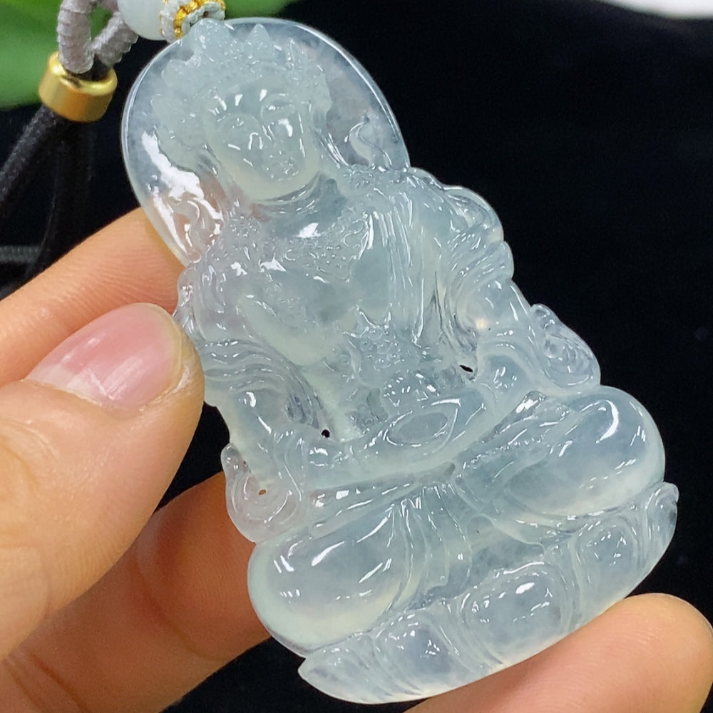 HUILIU HQ jadeite Tara pendant weighing approx. 30.85g with rope and collectible certificate, featuring detailed jade craftsmanship.