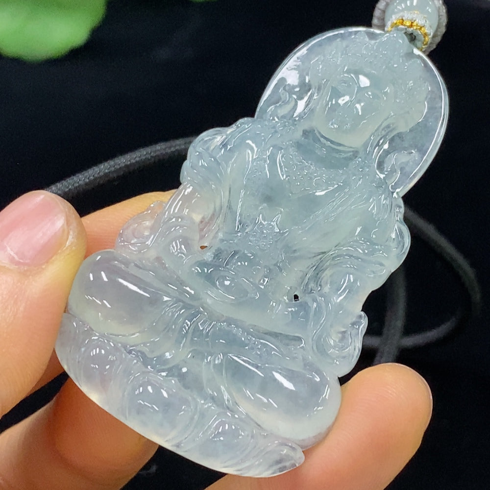 HUILIU HQ jadeite Tara pendant weighing approx. 30.85g with rope and collectible certificate, showcasing vibrant green jade jewelry.