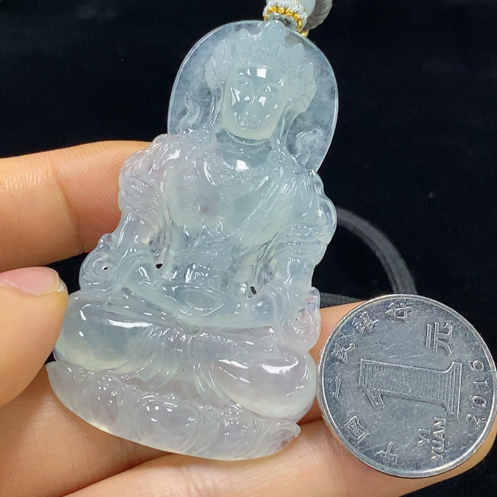 Jadeite Tara pendant from HUILIU HQ, approx. 30.85g including rope, with collectible certificate, featuring smooth green jade surface.