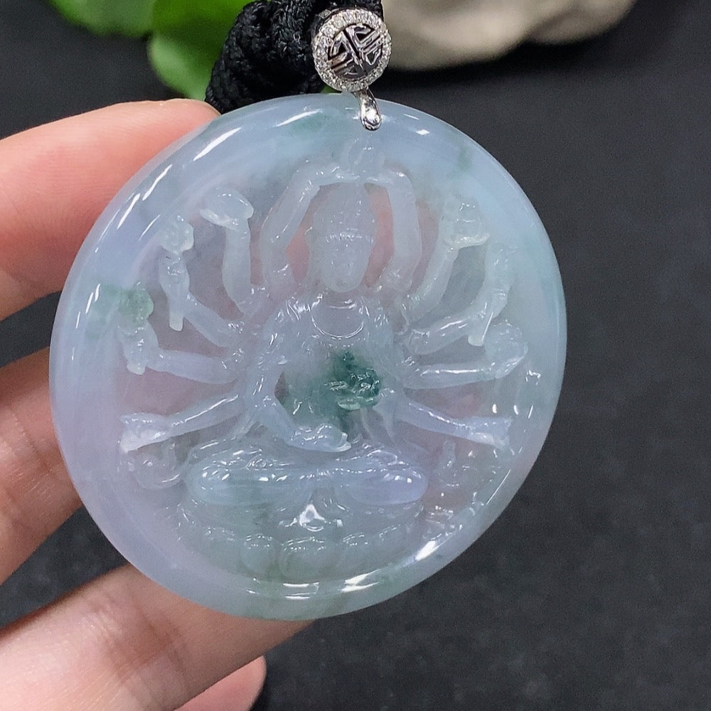 Jadeite Thousand-Hand Guanyin pendant in 18K gold by HUILIU HQ, weighs approx. 38.48g, featuring intricate hand details and certificate