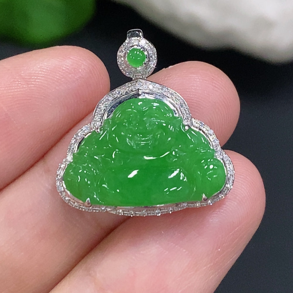 Jadeite Buddha pendant with 18K gold setting, crafted by HUILIU HQ, showcasing intricate jade carving and gold accents.