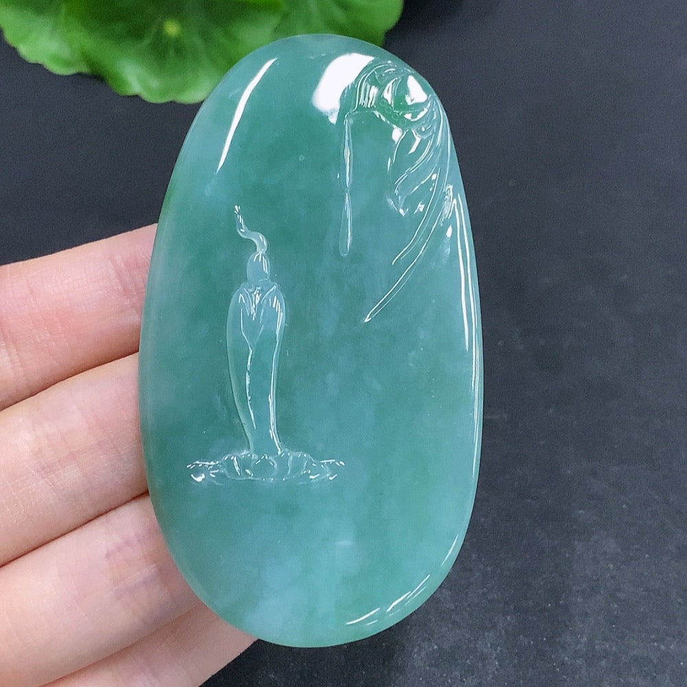 Jadeite Guanyin pendant with a formless design, crafted from jade, featuring intricate carved details, by HUILIU HQ.