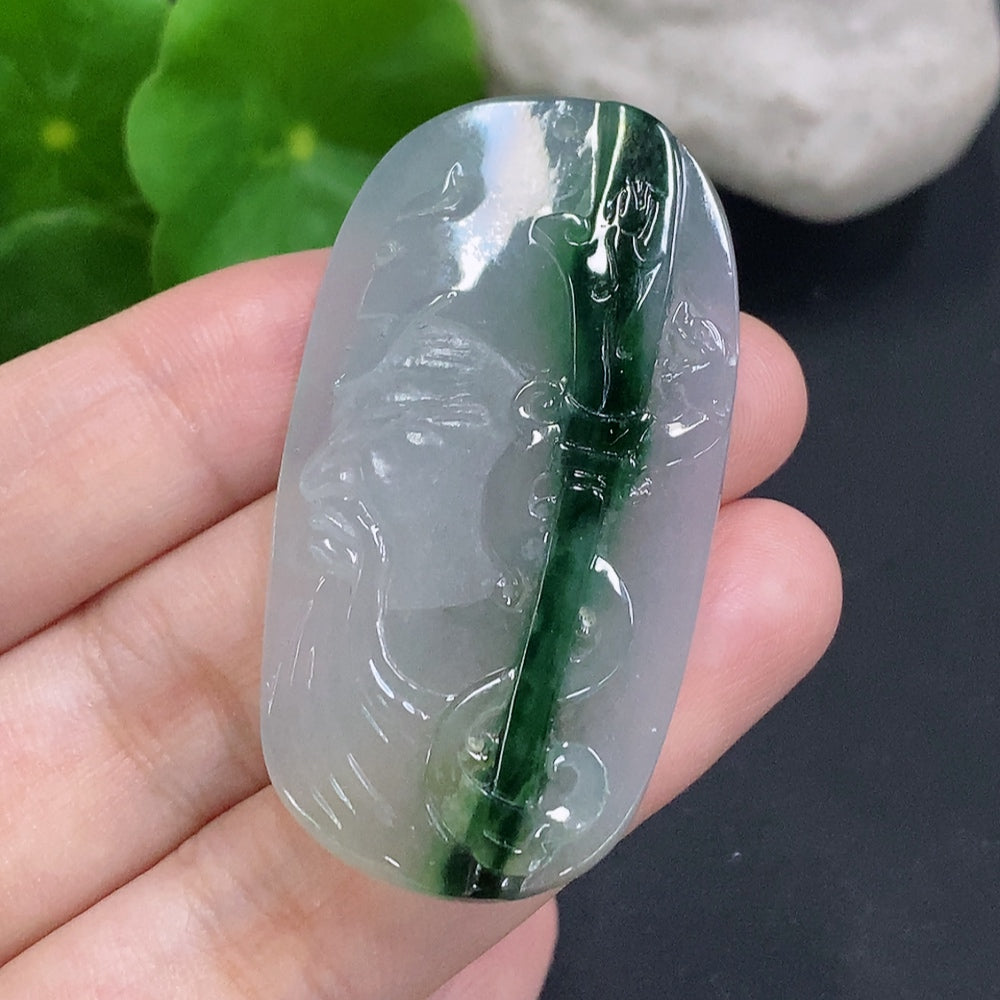 Jadeite Guan Gong pendant by HUILIU HQ featuring detailed carved jade figure on a smooth jade pendant.