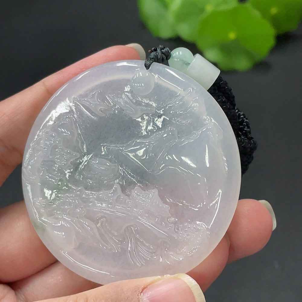 Huiliu HQ jadeite landscape pendant with non-A grade beads, featuring intricate jade jewelry design on a natural stone pendant.