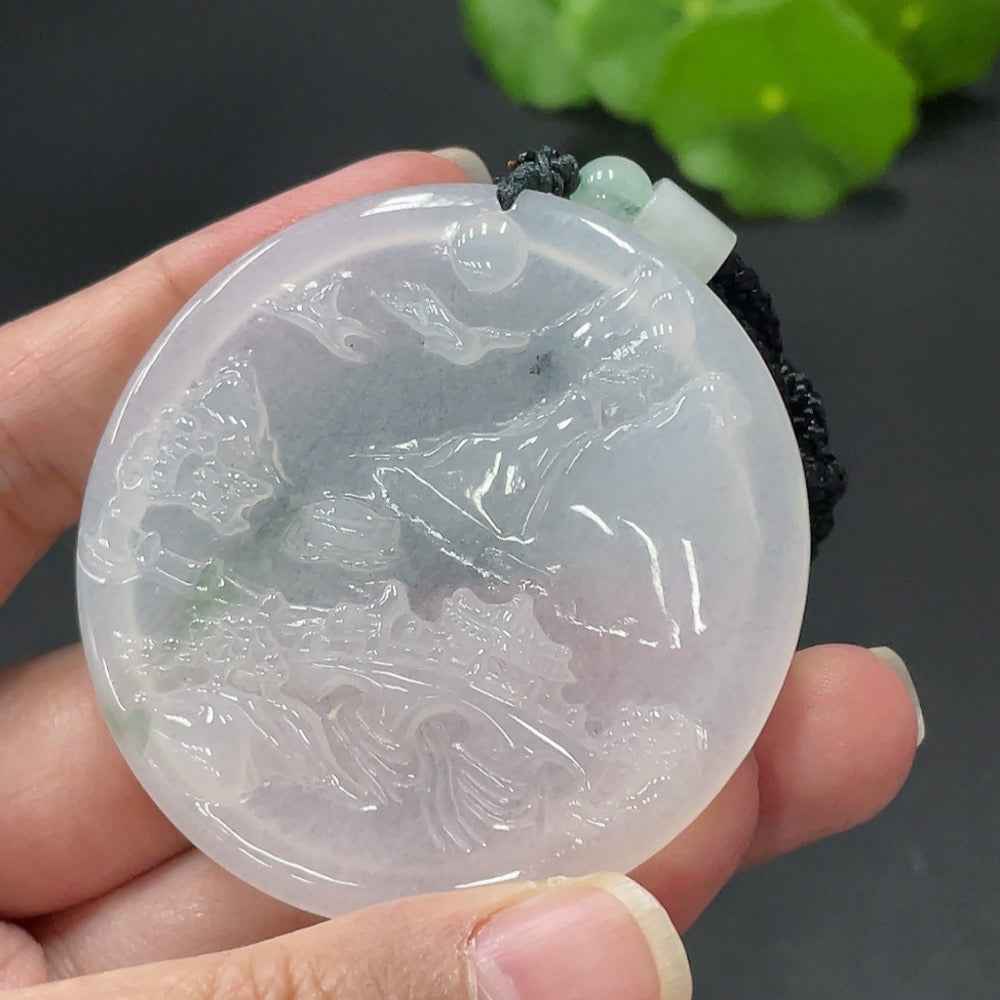 Huiliu HQ jadeite landscape pendant featuring non-A grade beads, showcasing intricate carved jade design on a natural jade pendant.