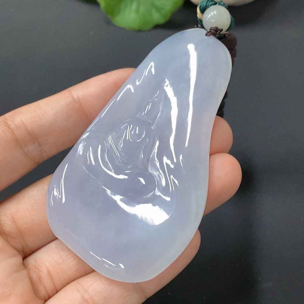 Jadeite pendant featuring a formless Guanyin design in green jade, weighing 37.652g, by HUILIU HQ.