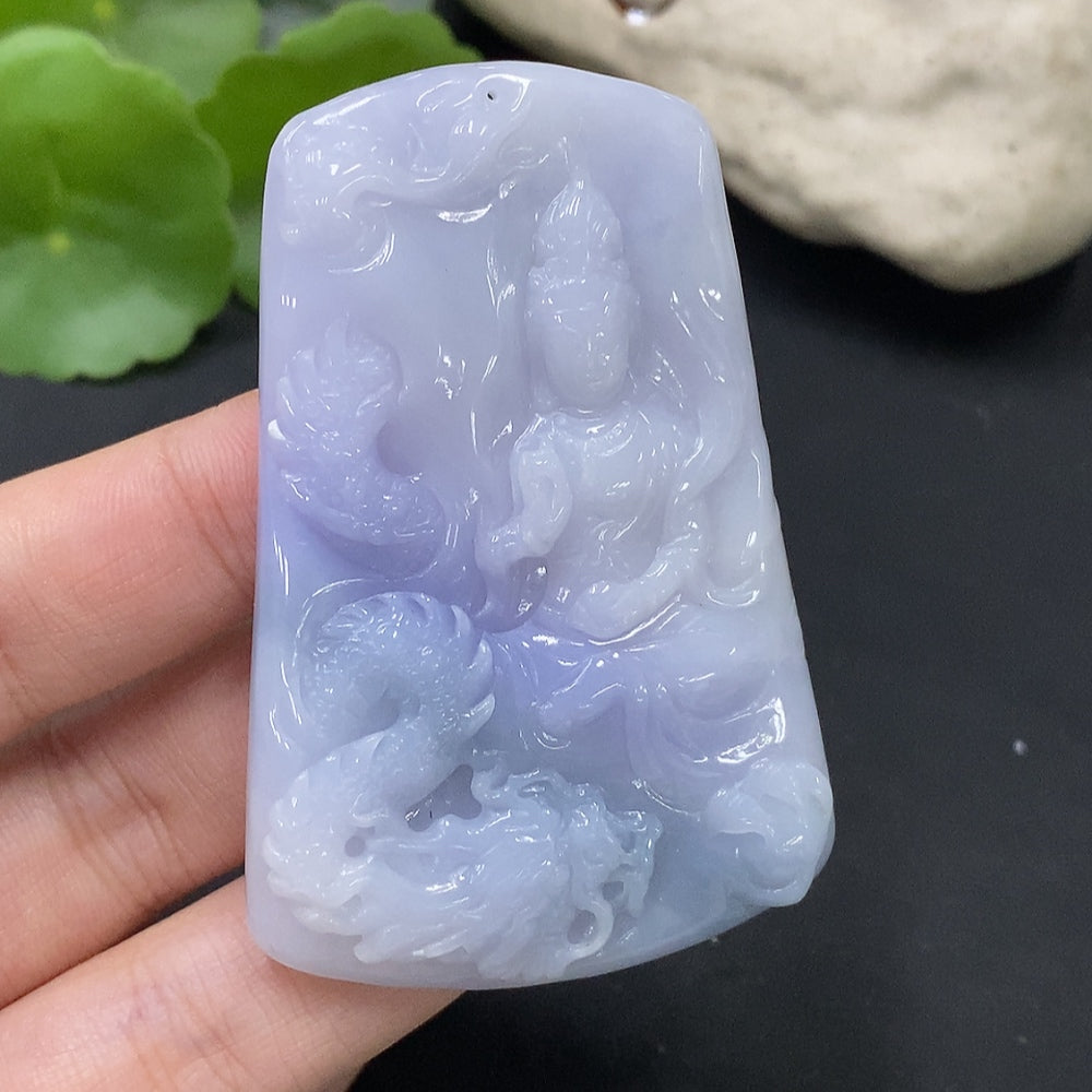 Jadeite pendant featuring an Imperial Dragon Guanyin design by HUILIU HQ, showcasing intricate jade craftsmanship and detailed carving.