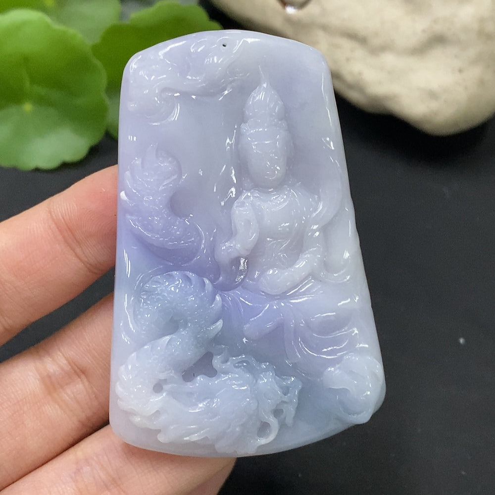 HUILIU HQ jadeite pendant featuring Imperial Dragon Guanyin carved in green jade, intricate details visible.