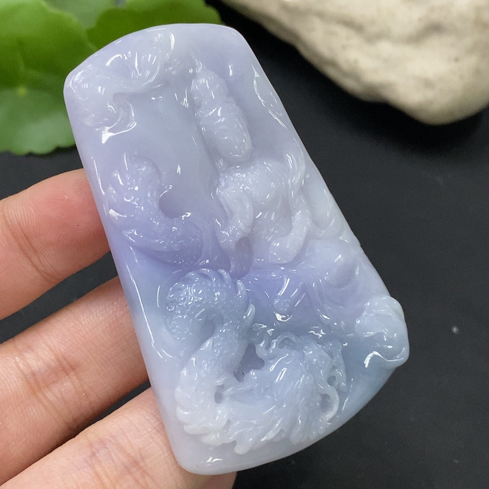 Jadeite pendant featuring an Imperial Dragon Guanyin design from HUILIU HQ, showcasing intricate jade carving and vibrant green hues.