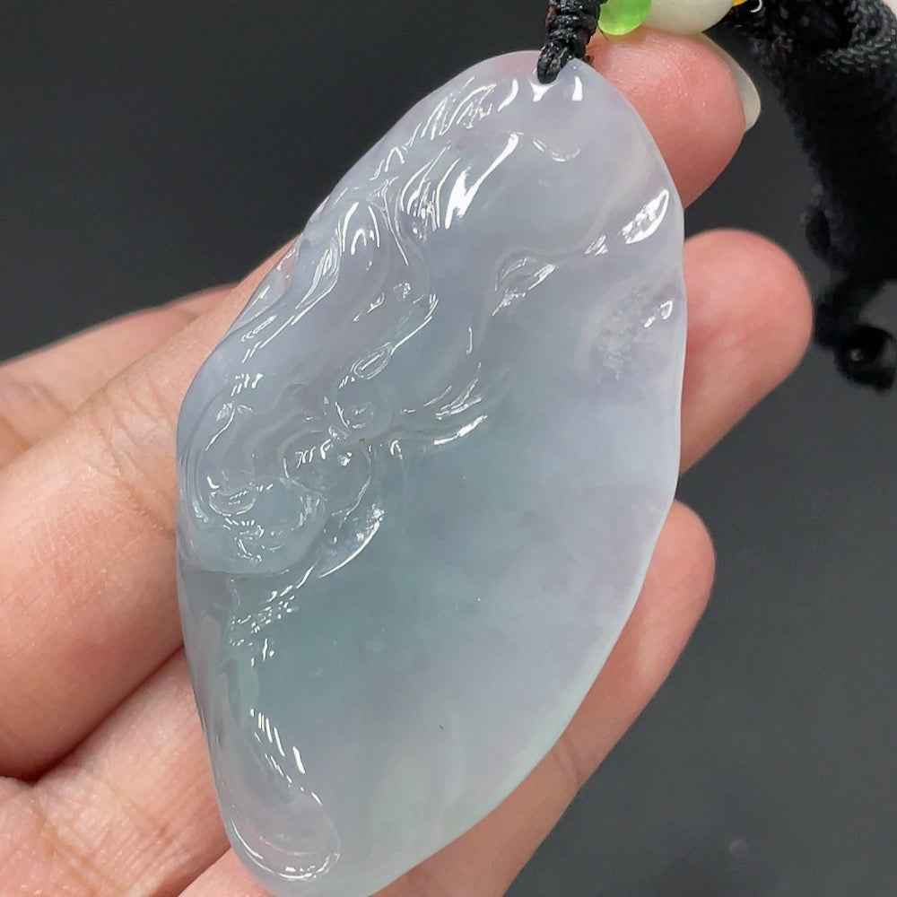 Huiliu HQ jadeite pendant featuring a lotus leaf and fish design with non-grade A beads, showcasing intricate craftsmanship.