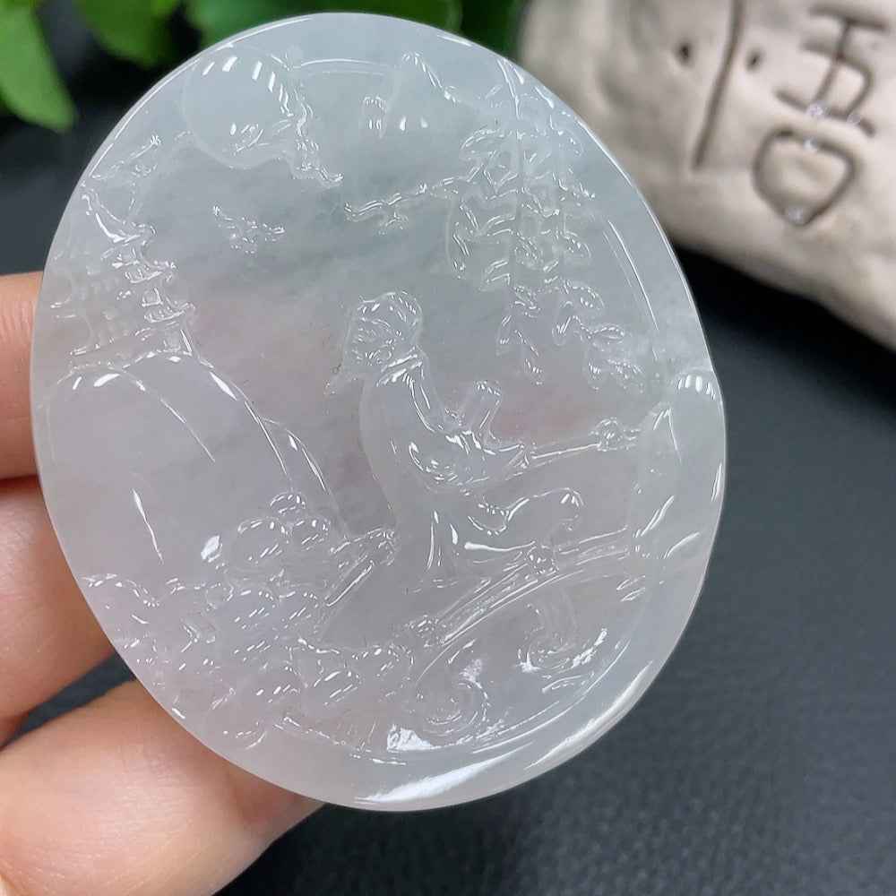 HUILIU HQ jadeite pendant with poetic and picturesque design, weighing 51.954g, showcasing intricate jade craftsmanship.