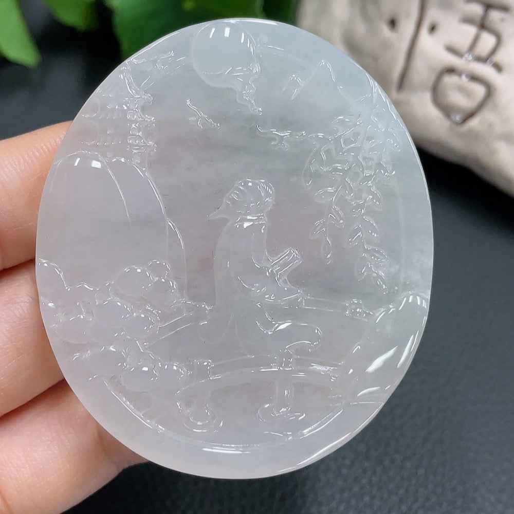 HUILIU HQ jadeite pendant with poetic and picturesque design, weighing 51.954g, showcasing intricate jade craftsmanship.