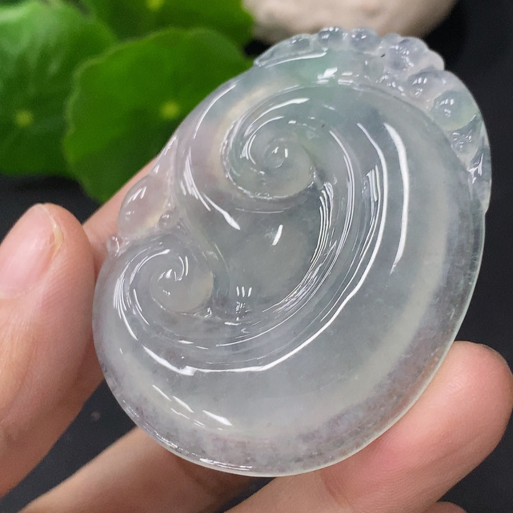 Natural jadeite pendant in Ruyi shape with intricate carvings, crafted by HUILIU HQ, showcasing smooth green jade details.