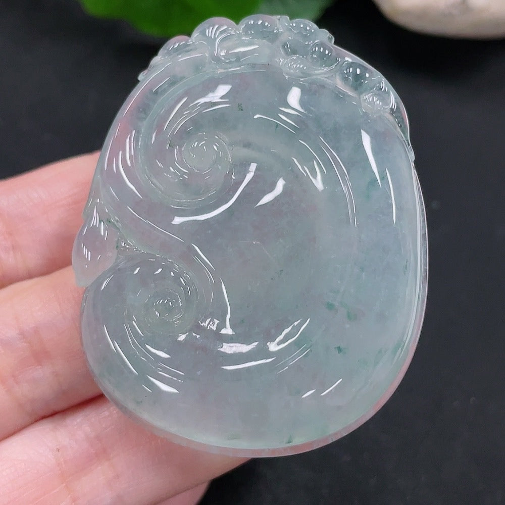 Jadeite Ruyi pendant from HUILIU HQ, crafted from green jade, weighing approximately 32 grams, with intricate carved details.