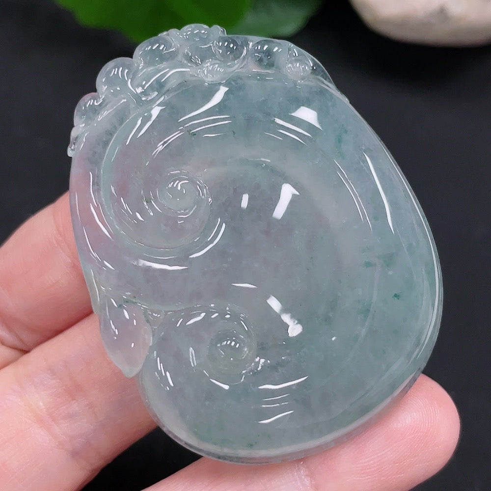 HUILIU HQ Jadeite Ruyi pendant, carved jade jewelry weighing approximately 32g, featuring intricate design and smooth polished surface.