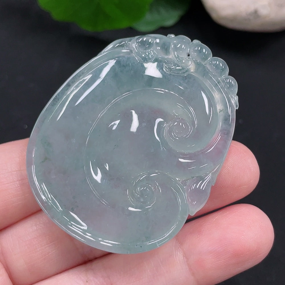 Jadeite Ruyi pendant from HUILIU HQ, carved jade ornament weighing approximately 32g, showcasing intricate craftsmanship and smooth texture.