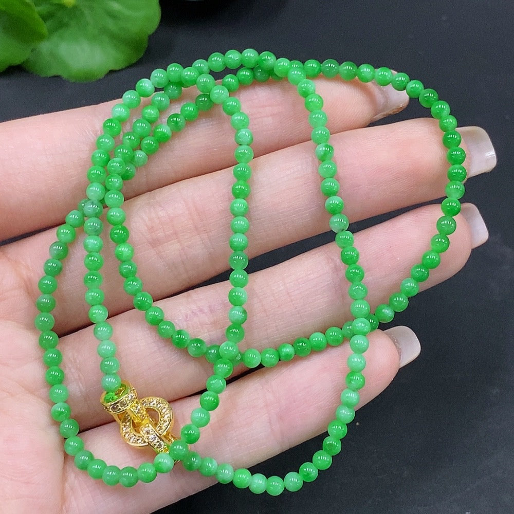 Natural Grade A Jadeite Bead Necklace by HUILIU HQ with 2.9mm beads, non-gold clasp, 9.38g, certified jade jewelry.