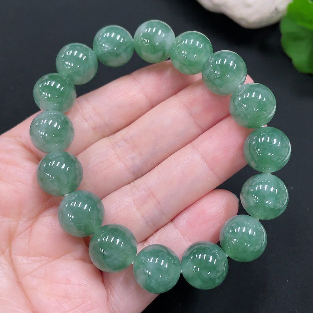 Natural Grade A jadeite bracelet from HUILIU HQ, 12.5mm beads, total weight 52.03g, certified jade jewelry.