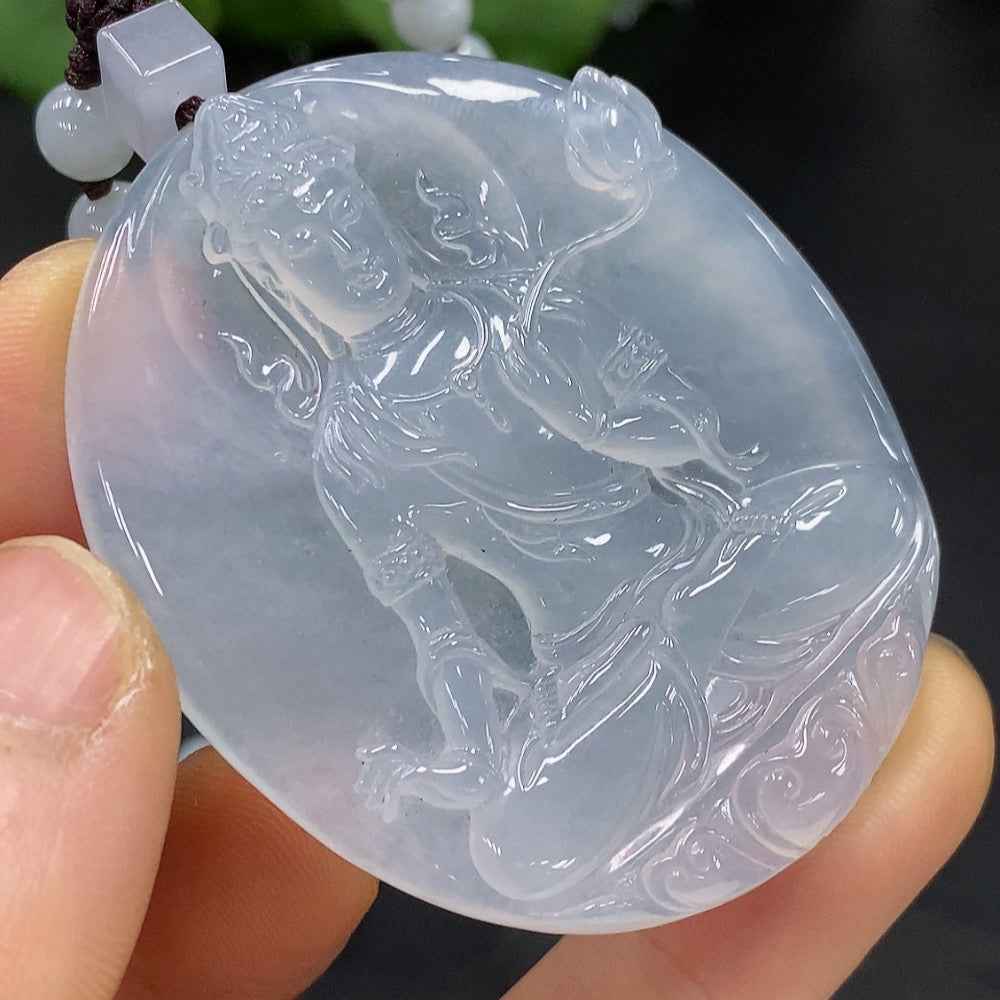 Natural Grade A jadeite Guanyin pendant with yellow beads, includes chain, weighs approximately 61.89g, HUILIU HQ certified.