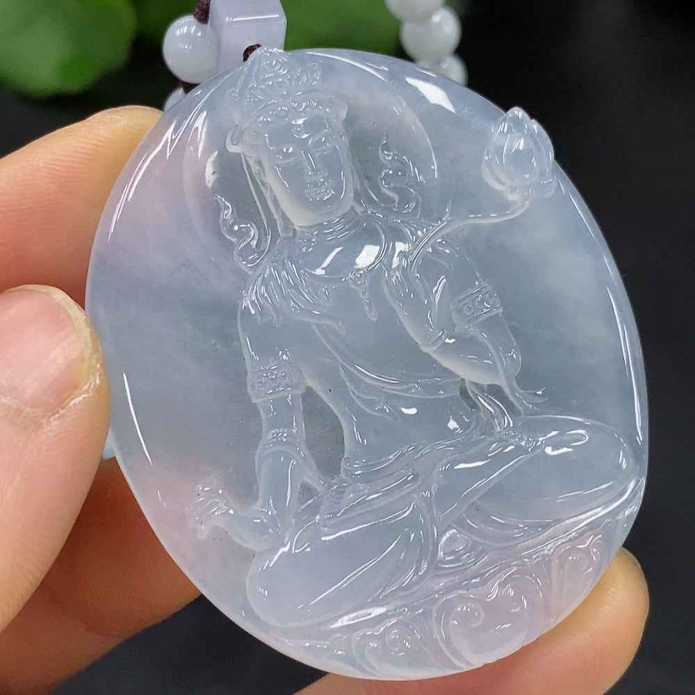 Natural Grade A jadeite Guanyin pendant with yellow beads, HUILIU HQ certified, including chain, weight approximately 61.89g.
