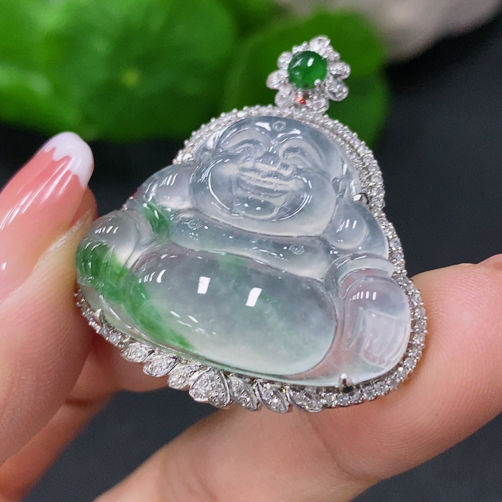 Natural Grade A jadeite Buddha pendant with 18k markings, inlaid design, weighing 8.5g, certified by Huiliu, with red markings.