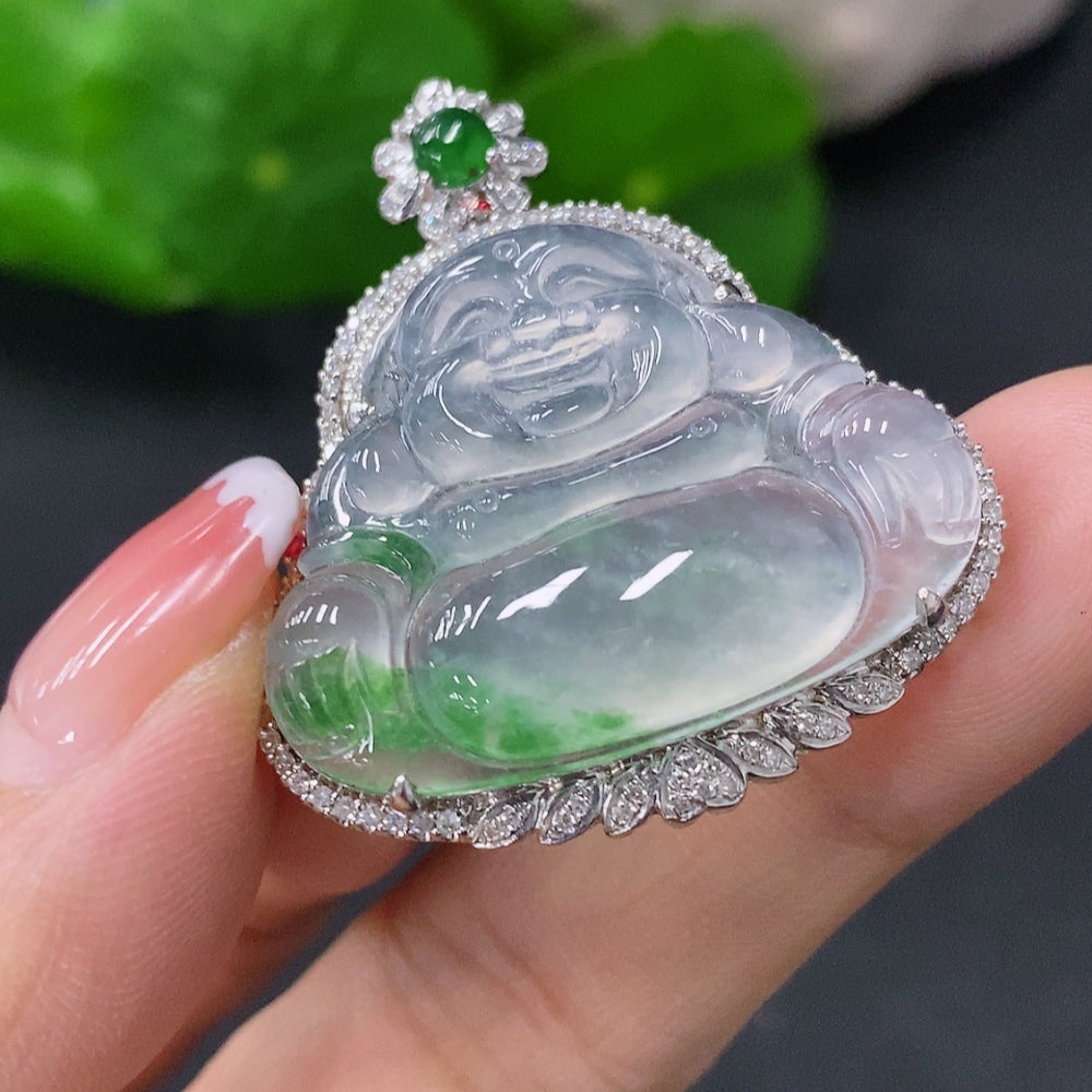 Natural Grade A jadeite Buddha pendant with 18k mark, inlaid design, weighing about 8.5g, certified by Huiliu, with red markings.