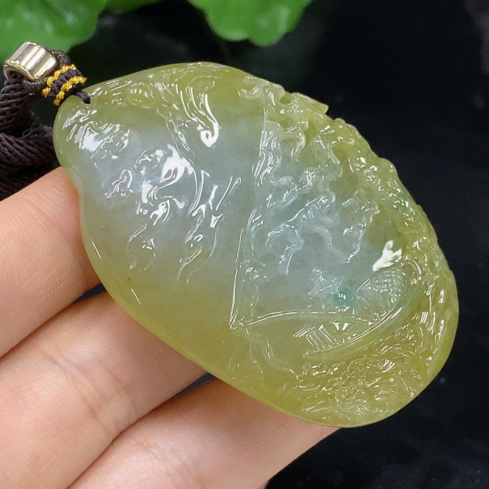 Natural Grade A Jadeite landscape pendant from HUILIU HQ, showcasing intricate carved jade pendant with landscape design.