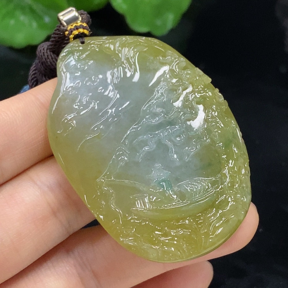 Natural Grade A Jadeite landscape pendant by HUILIU HQ, showcasing intricate jade craftsmanship and detailed landscape design.
