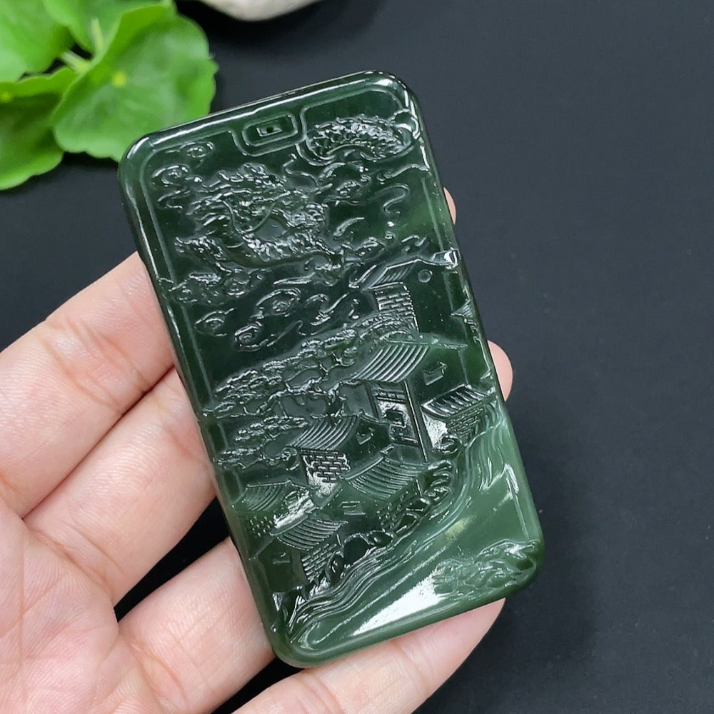 Natural Grade A jadeite pendant with landscape plaque design, HUILIU HQ certified jade jewelry featuring intricate craftsmanship.