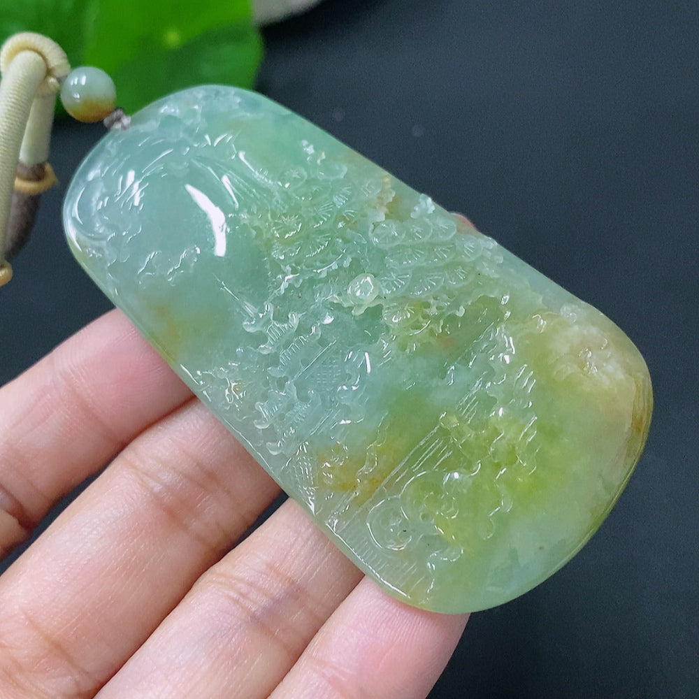 Natural Grade A Jadeite pendant landscape plaque from HUILIU, approximately 52g, showcasing intricate jade carving and vibrant green hues.