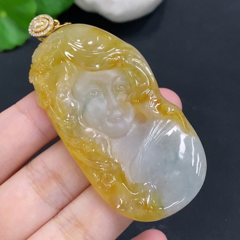 Natural Grade A jadeite pendant with 18K gold clasp, HUILIU certified, showcasing smooth, polished jade stone with elegant gold accent.