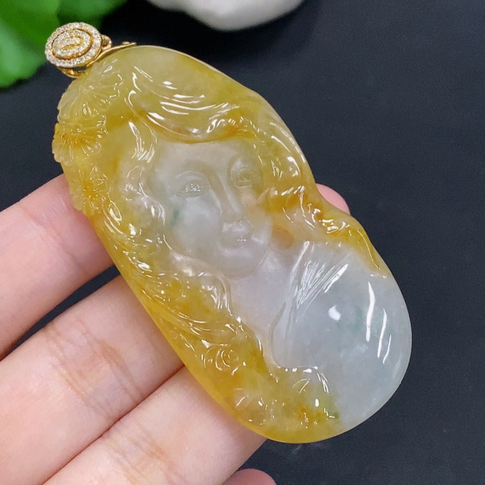 Natural Grade A jadeite pendant with 18K gold clasp, HUILIU HQ certified, showcasing smooth, polished jade stone with gold accents.