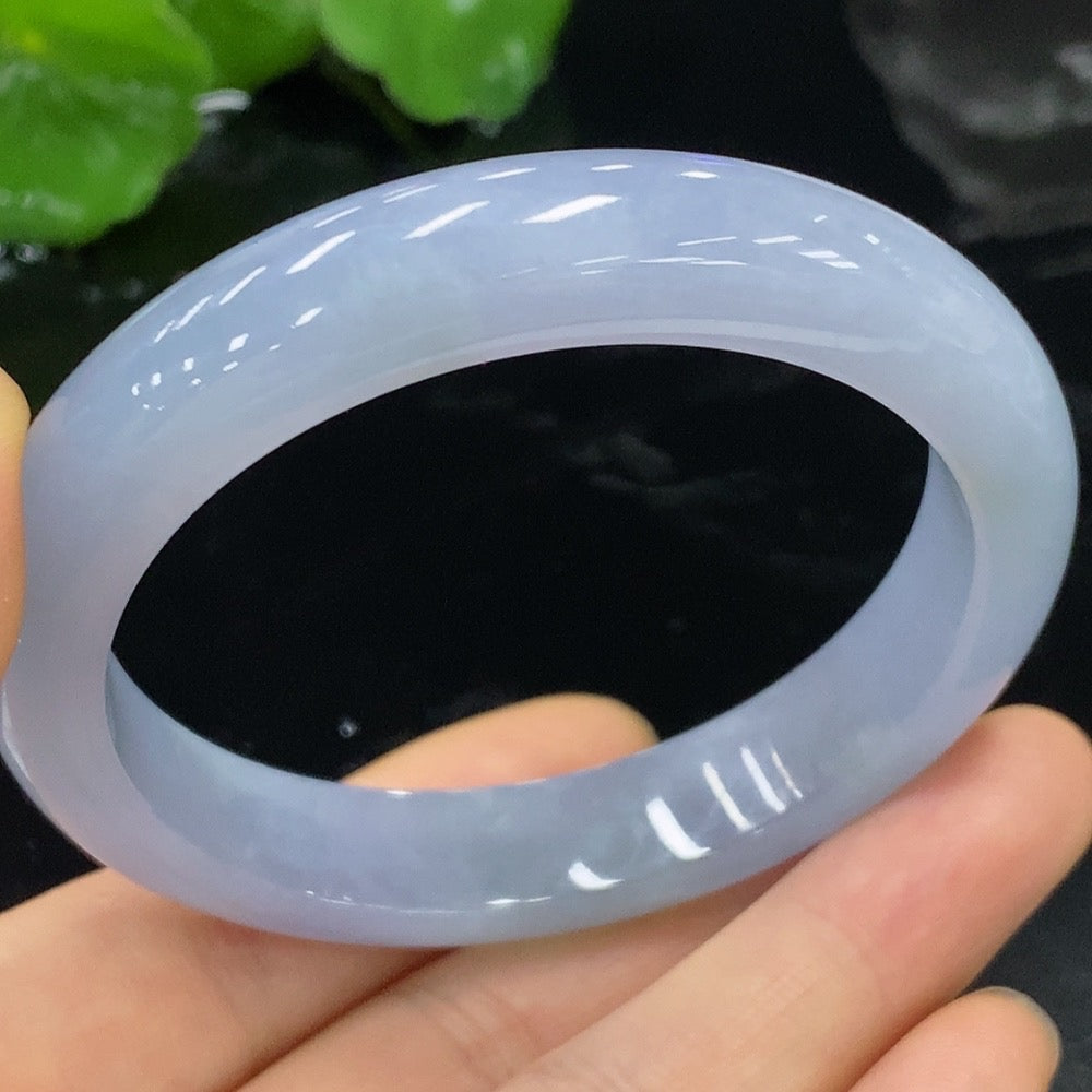 Huiliu certified Natural Grade A Jadeite round bangle, size 54.7, weight 48.73g, showcasing smooth jade surface and rich green color.
