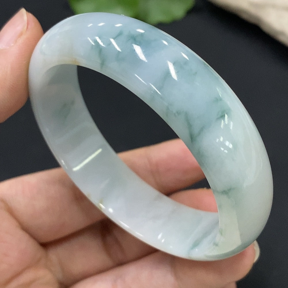 Huiliu Natural Grade A Jadeite round bracelet, size 53.9, weighing 52.66g, with Huiliu certification, showcasing polished jade beads.