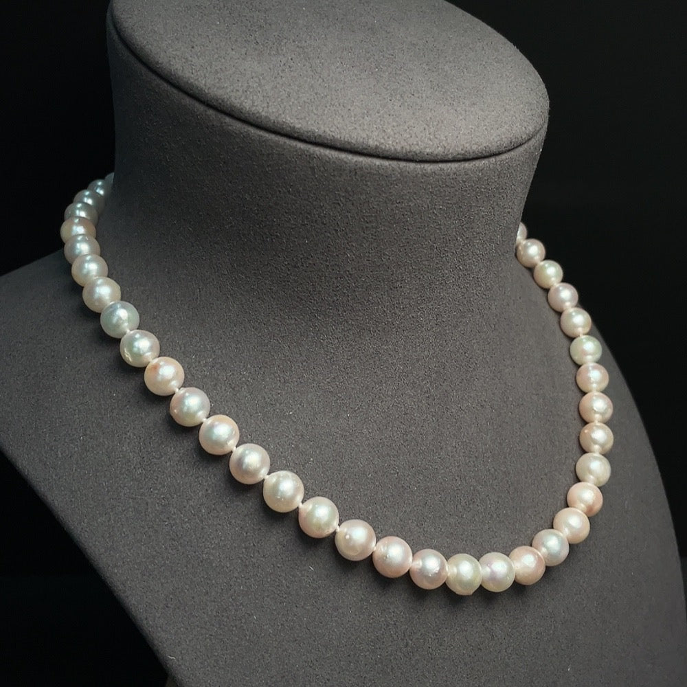 Seawater pearl strand necklace with approximately 7.9mm pearls, non-gold setting, weight about 38.89g, by HUILIU HQ.
