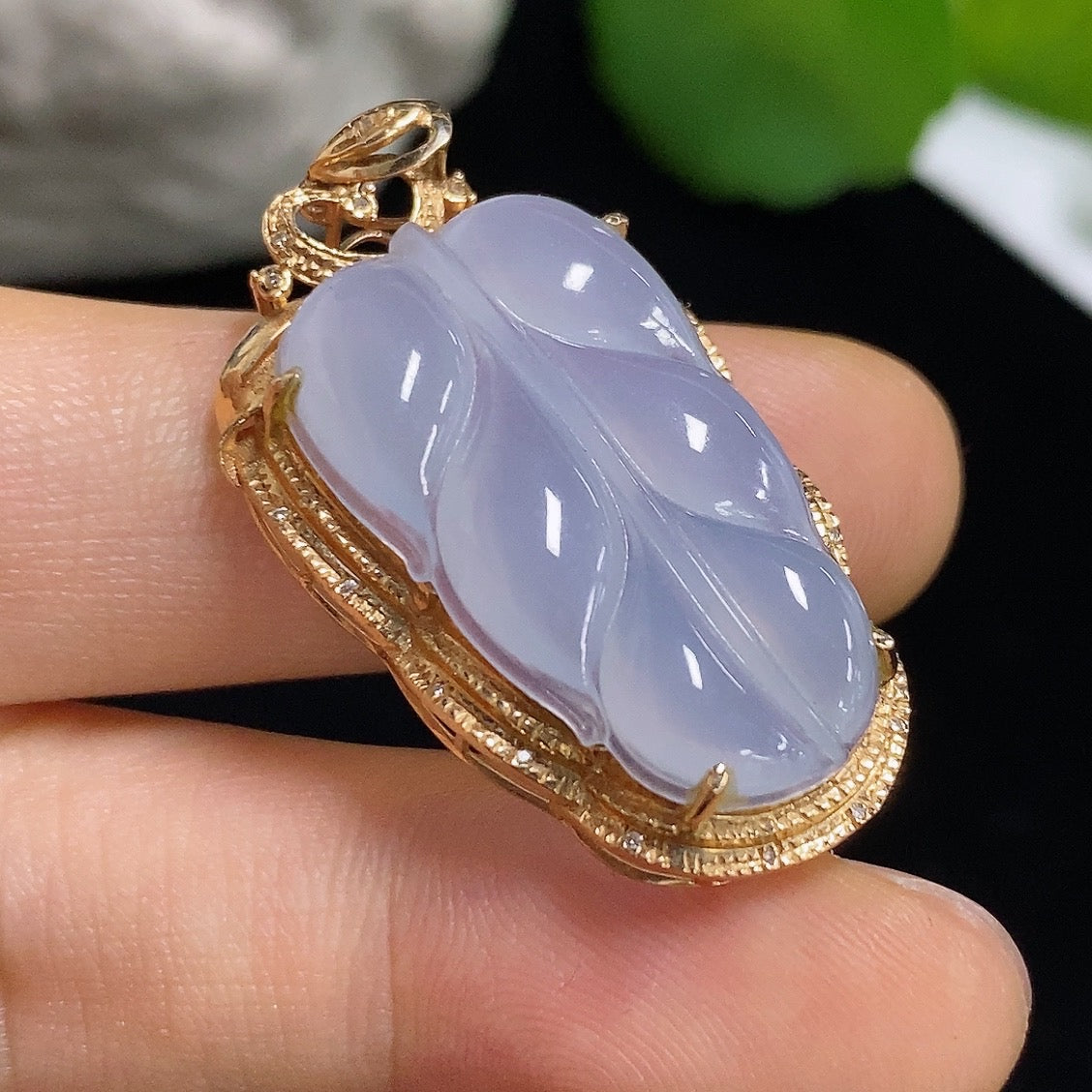 Jadeite Leaf Inlaid Pendant with 18k Gold and Diamond Accents