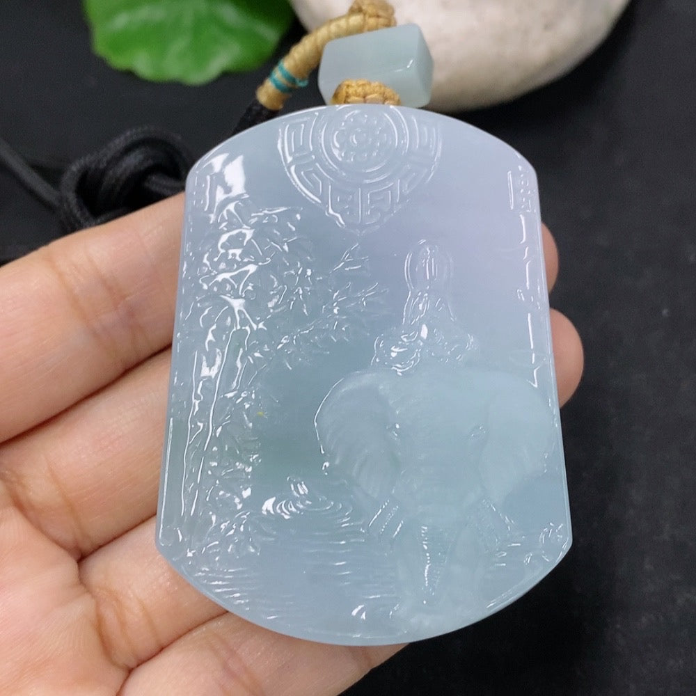Jadeite pendant featuring Samantabhadra design, weighing 72.8g, set on a necklace from HKHQ with intricate craftsmanship.
