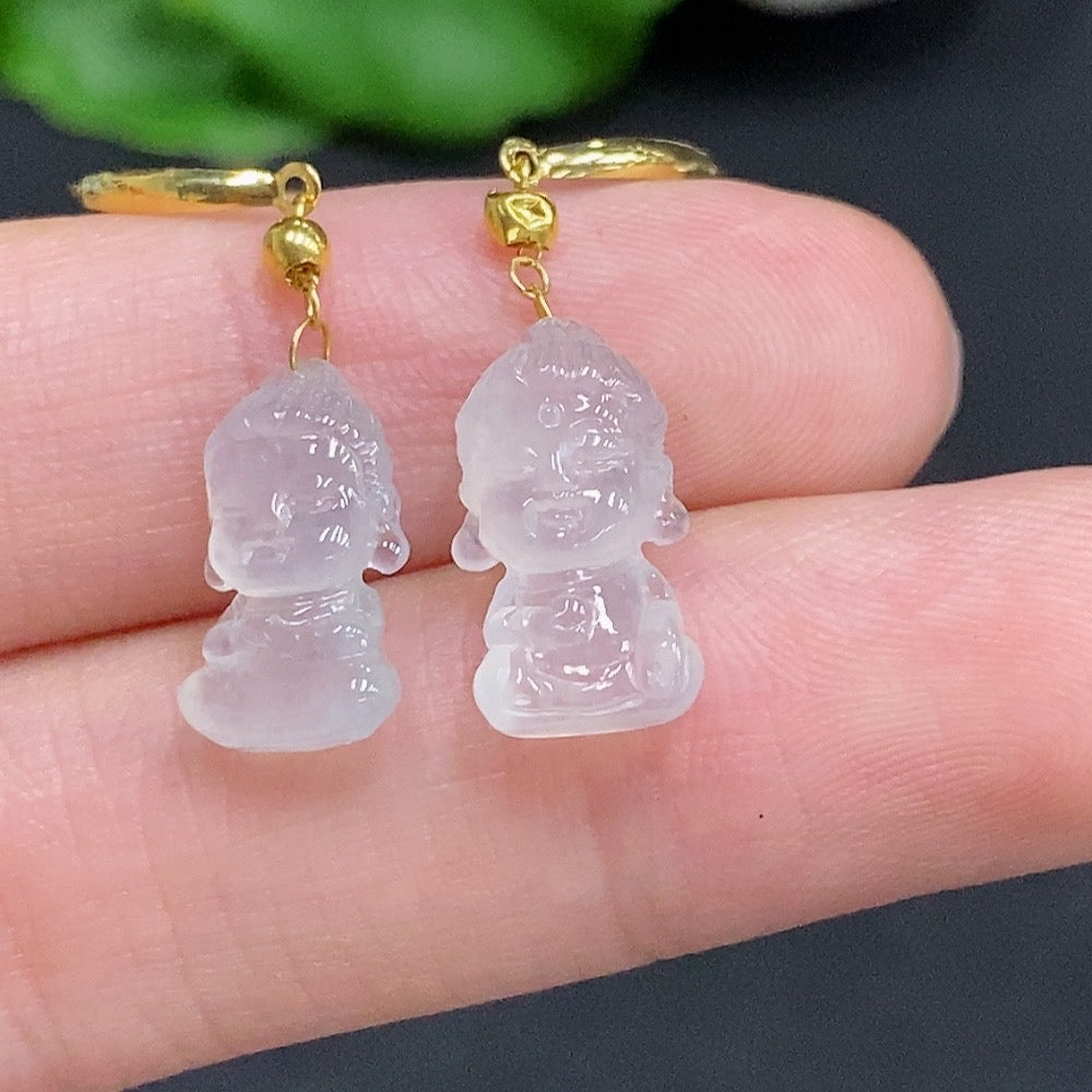 Jadeite Baby Buddha Inlaid Earrings 18K Gold Total Product Weight Approximately 1.9g