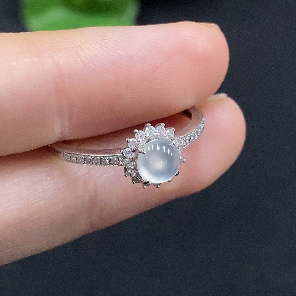 Jadeite Cabochon Ring with 18K Gold, Size 14, Total Weight Approx. 2.18g, Accented with Diamonds