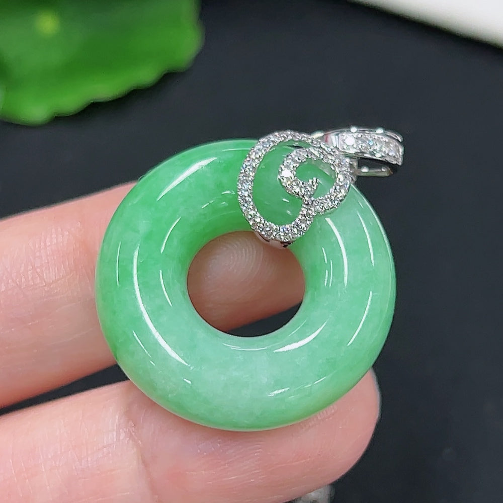 Jadeite Donut Pendant 18K Gold Total Weight Approx. 13.5g (With Diamond Accents & Chain)